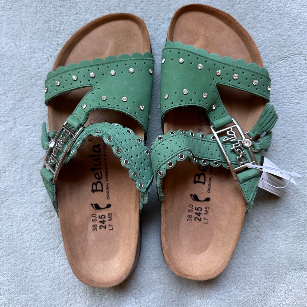 Birkenstock Betula emerald green sandals with Swarovski crystals